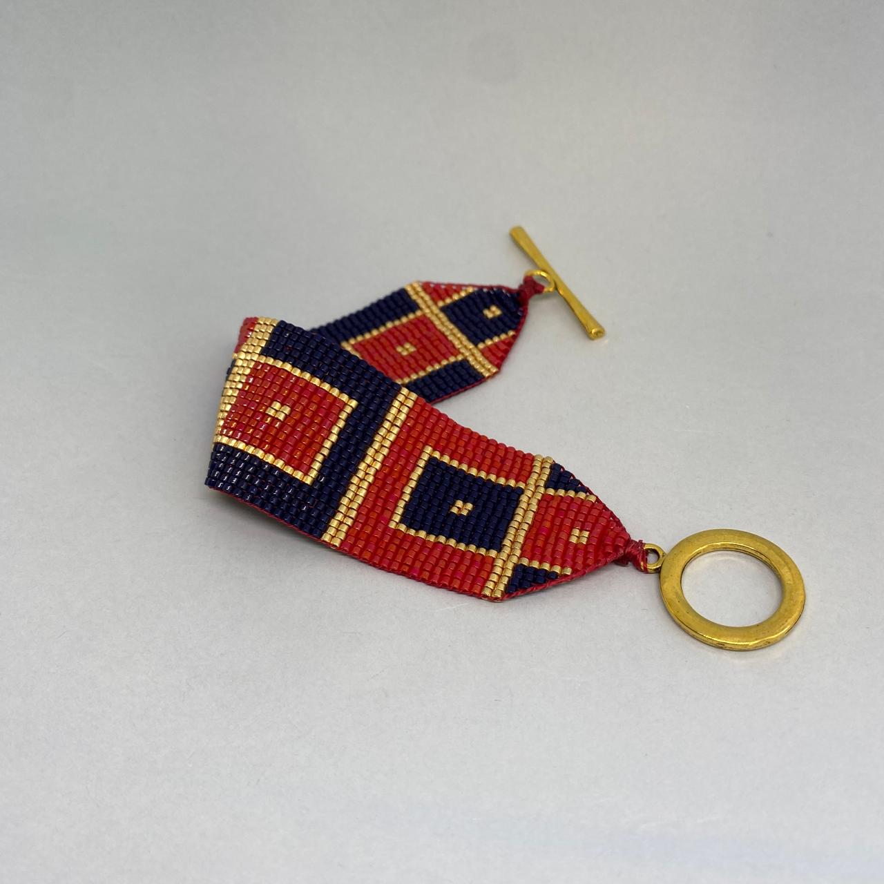 Pulsera Art Déco Cuadros Rojo y Azul Marino