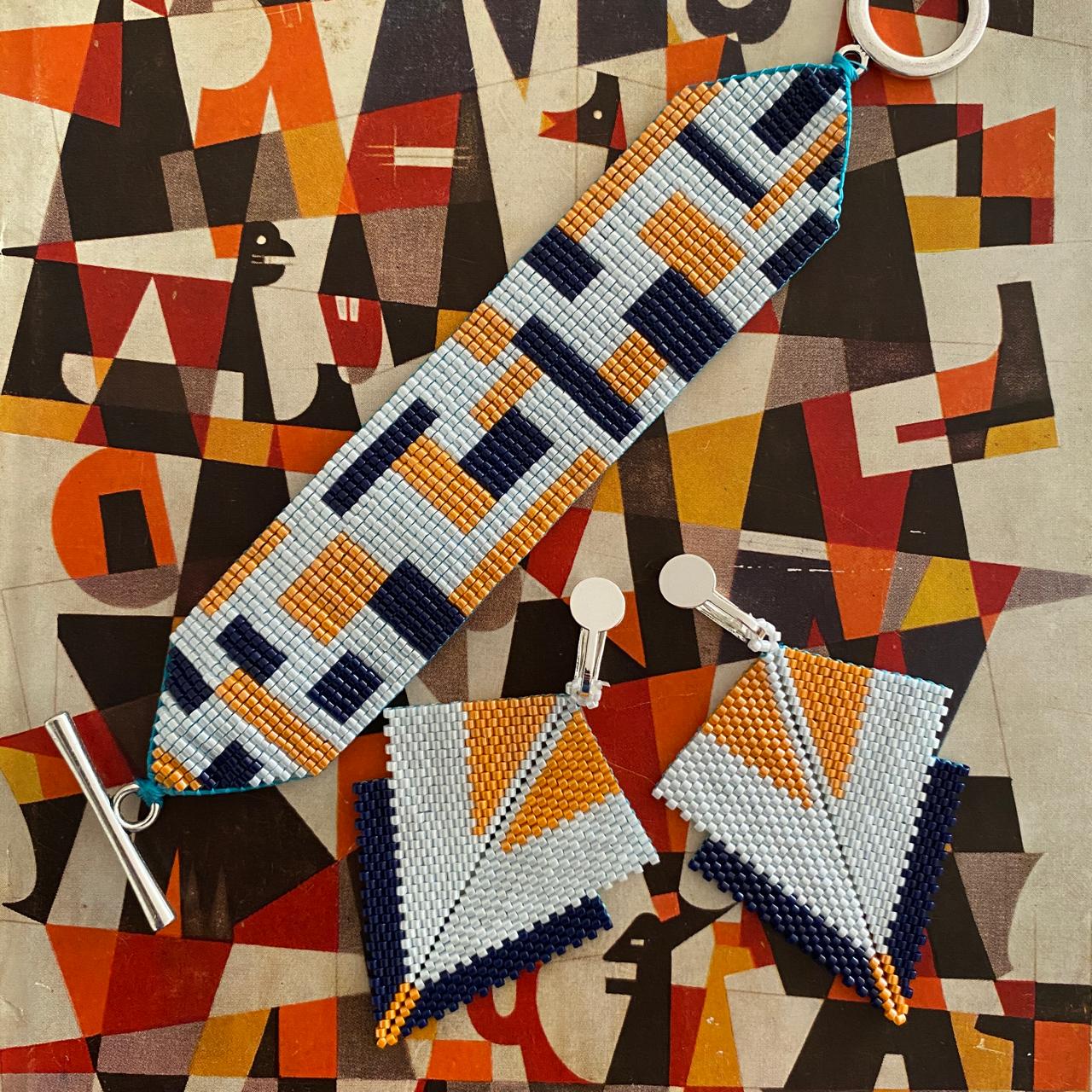 Conjunto Aretes Canopo y Pulsera Azul Marino, Blanco y Naranja