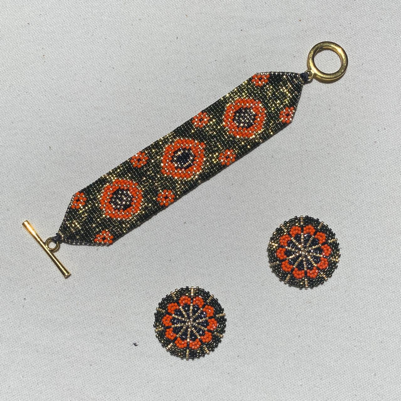 Conjunto Aretes Juno Pulsera Cempasúchitl Verde