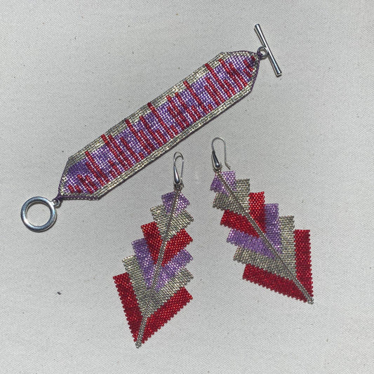 Conjunto Aretes Prabhas y Pulsera Líneas Rojo y Morado