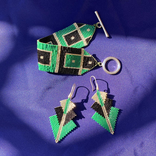 Conjunto Aretes Mini Rigel y Pulsera Art Déco Verde Esmeralda