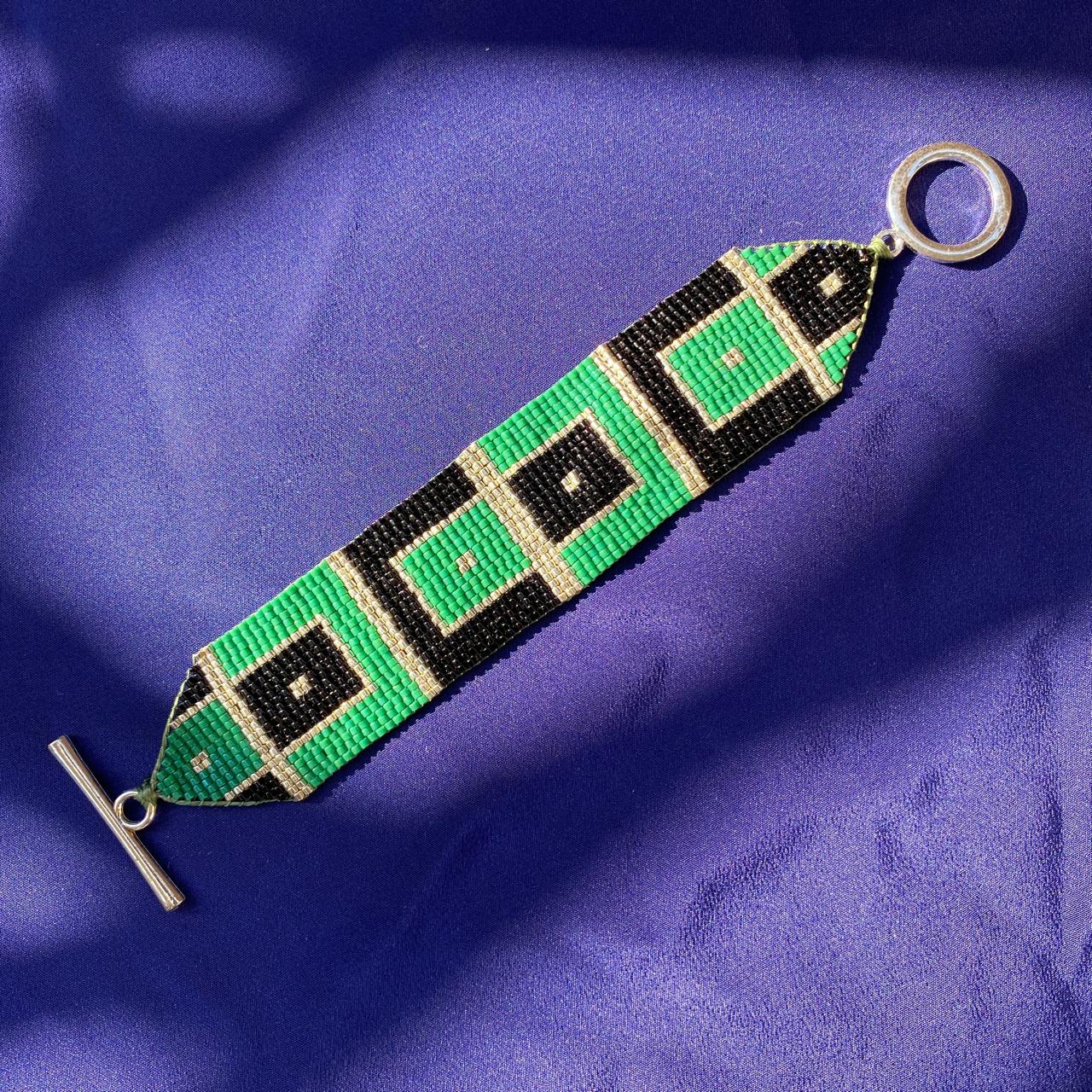 Pulsera Art Déco Cuadros Verde Esmeralda y Negro