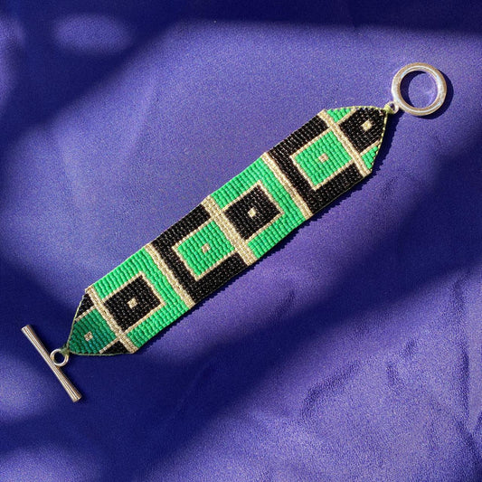 Pulsera Art Déco Cuadros Verde Esmeralda y Negro