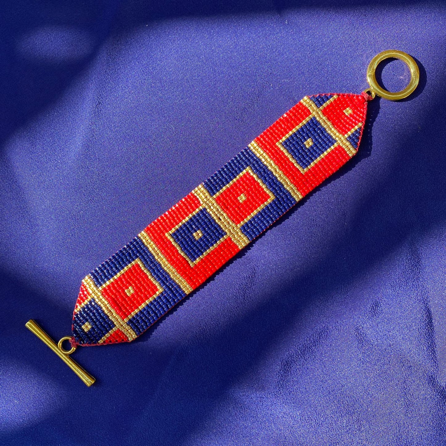 Pulsera Art Déco Cuadros Rojo y Azul Marino