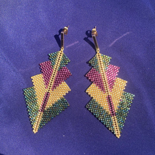 Aretes Rigel Verde Facetas, Morado y Dorado