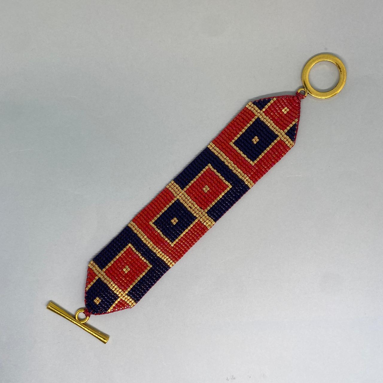 Pulsera Art Déco Cuadros Rojo y Azul Marino