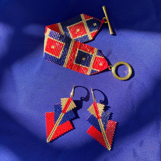 Conjunto Aretes Mini Rigel y Pulsera Art Déco Rojo