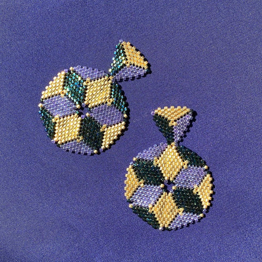 Aretes Altair I Verde Facetas, Morado y Dorado