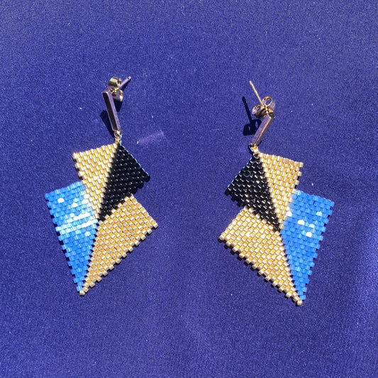 Aretes Mini Atik Azul Escamas y Negro - Asimétrico